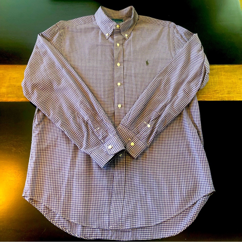Ralph Lauren gingham shirt is cotton twill with signature embroidered Pony. L